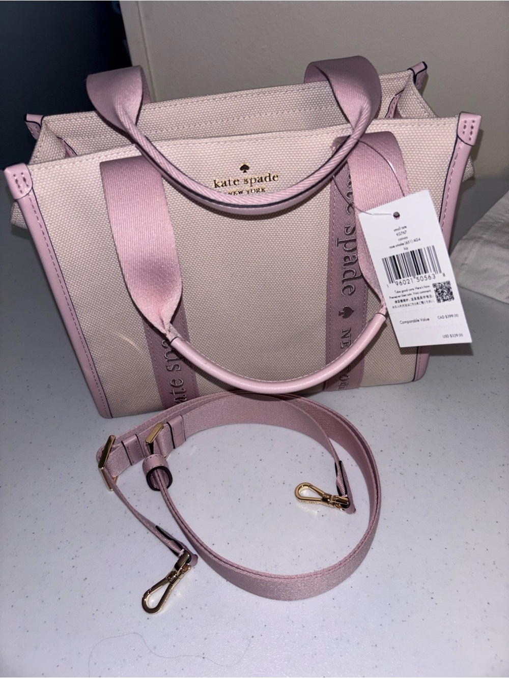 kate spade Pink and Cream Canvas Satchel with Detachable Strap